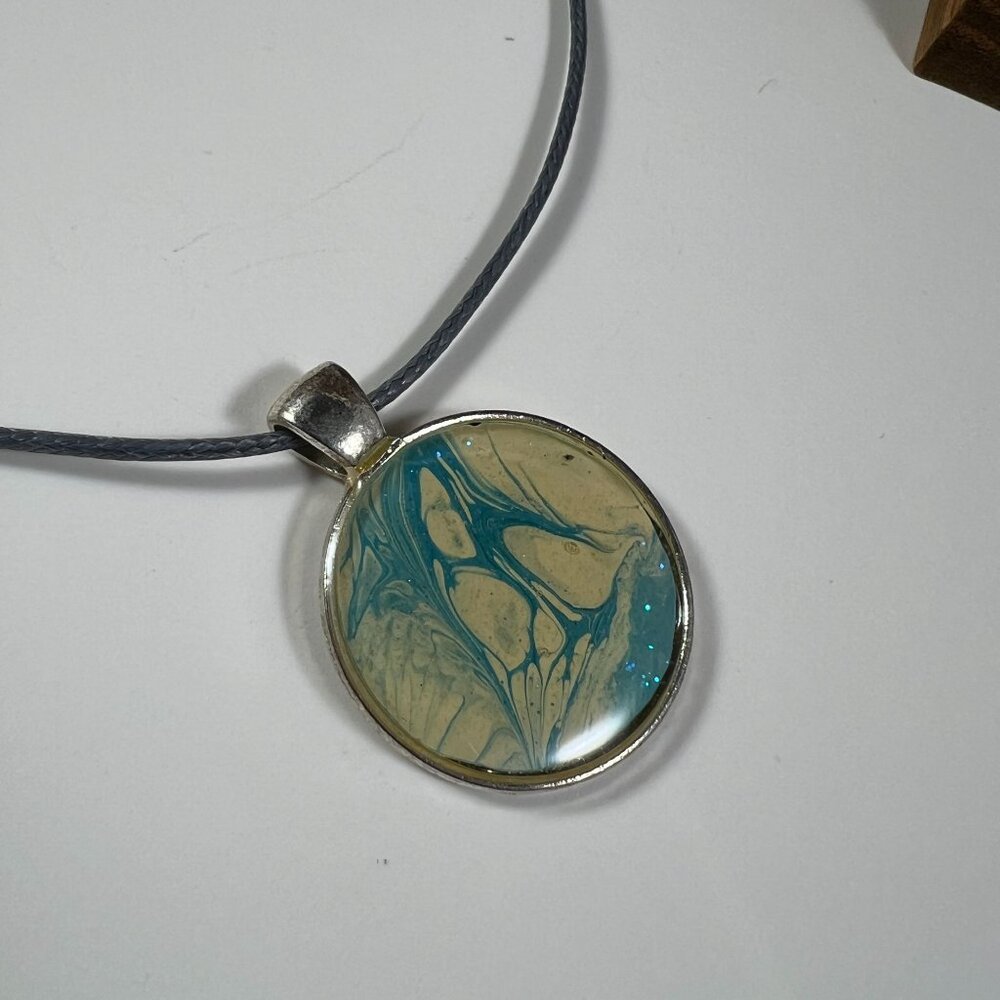 Acrylic Pour Pendant Necklace Blue & Yellow Abstract Art Design - Picture 2 of 2